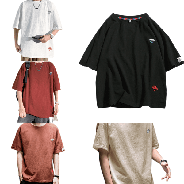 New Cotton Short Sleeve T Shirt for Men Summer Imitation Linen Men's Chinese Embroidery Loose Casual Round Neck