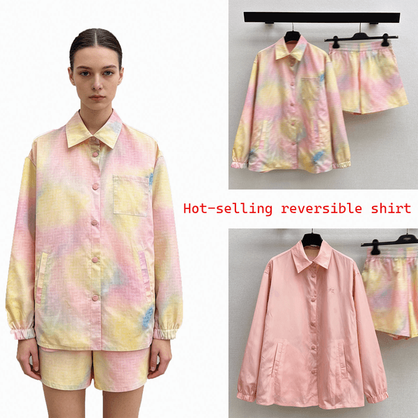 2026 Luxury Designer Reversible Tie Dye Gradient Long Sleeve Lapel Top & High Waist Shorts Set Women's Two Side Wear Casual Two Piece Outfit Pastel Streetwear Summer