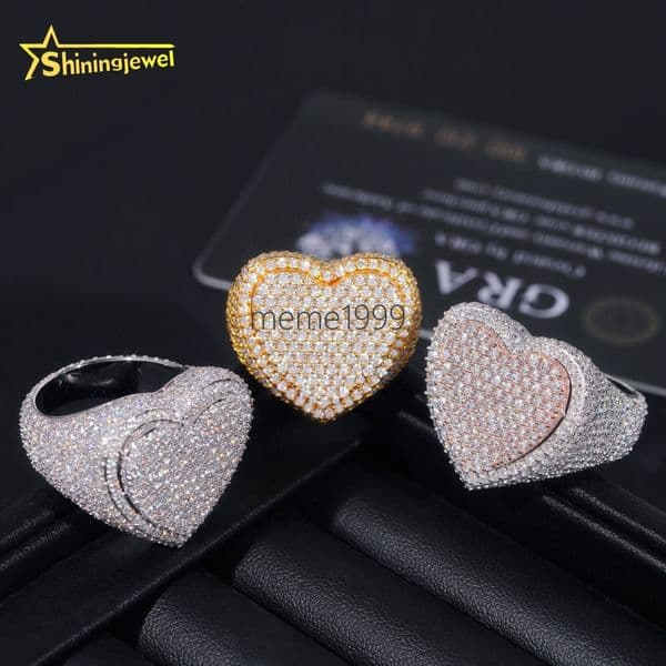 Fine Jewelry Gold Plated 925 Sterling Silver Fashion Hip Hop Men Rings Heart Shape Iced Out Ring Moissanite
