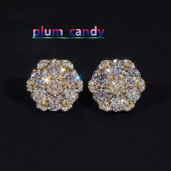 Fine Jewelry Big Luxury Cluster Flower Hip Hop 925 Sterling Silver Moissanite Stud Earrings