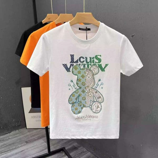luxury Summer New Style Rhinestone Printed Bear Short T-Shirt Casual Round Neck Tee Shirt Half Sleeve Men's Top