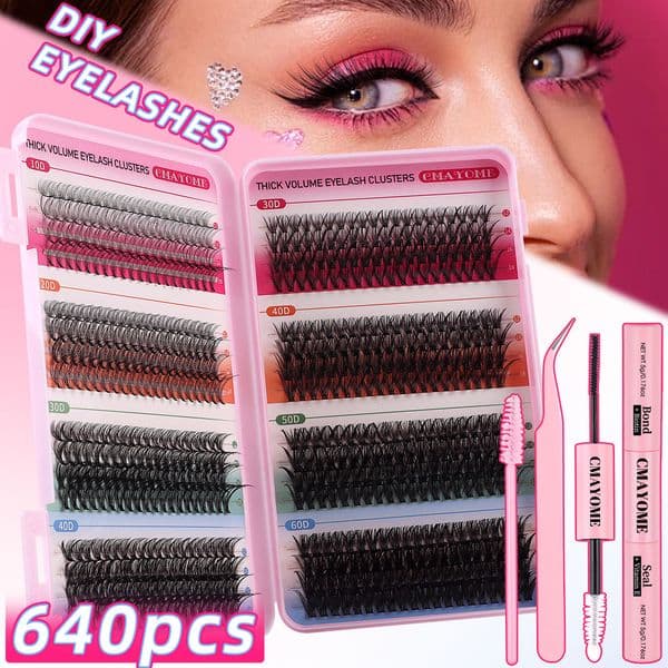 DIY Individual Eyelashes Thick Fluffy DIY Cluster Lashes Kit with Lash Bond & Seal Tweezer Reusable Handmade Reusable D Curled Cluster Eyelash Extensions for Women