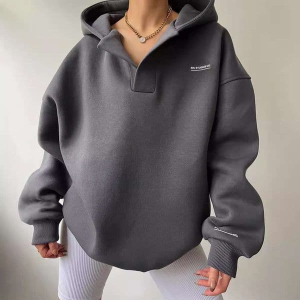 2026 European and American cross-border new style fleece-lined hooded printed long-sleeve basic versatile sweatshirt V-neck fleece shirt