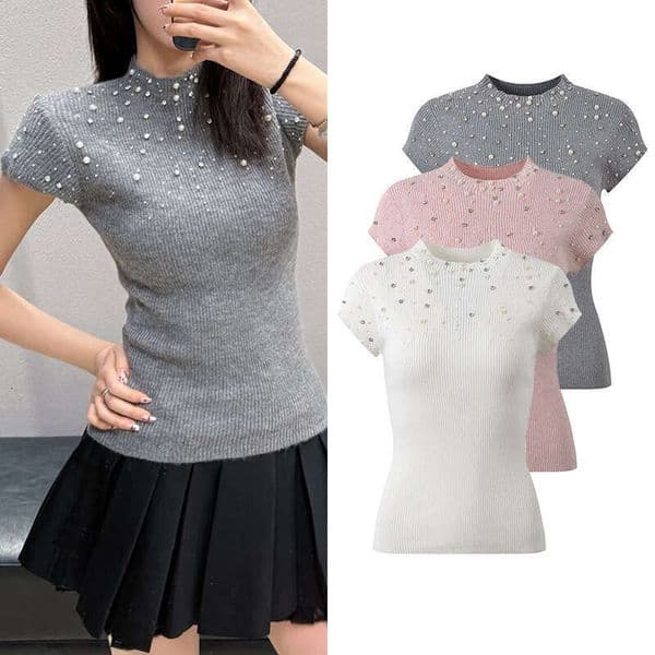 2026 Spring and Summer New Designer Fashion A2 Casual Style FC Pearl embellishment A2 Slim Knitted Short Sleeve Top