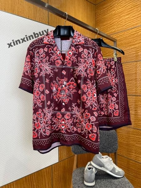 xinxinbuy Men designer Tee t shirt 2026 floral print silk sets short sleeve women blue white yellow XS-XL