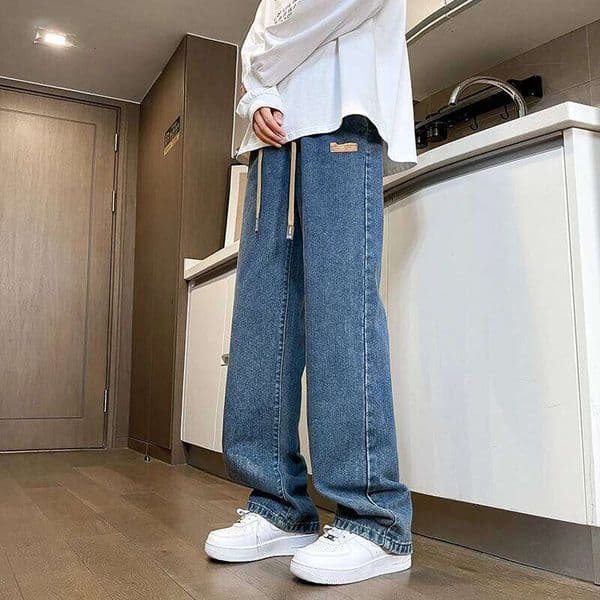 Branded Men's Baggy Jeans Classic Drawstring Loose Casual Straight College Students Daily Versatile Blue Pants S260330