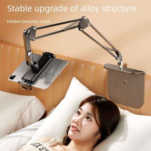 Lazy person's phone stand for overhead live streaming binge-watching, metal stand, and bedside tablet holder, clamp-free desktop model