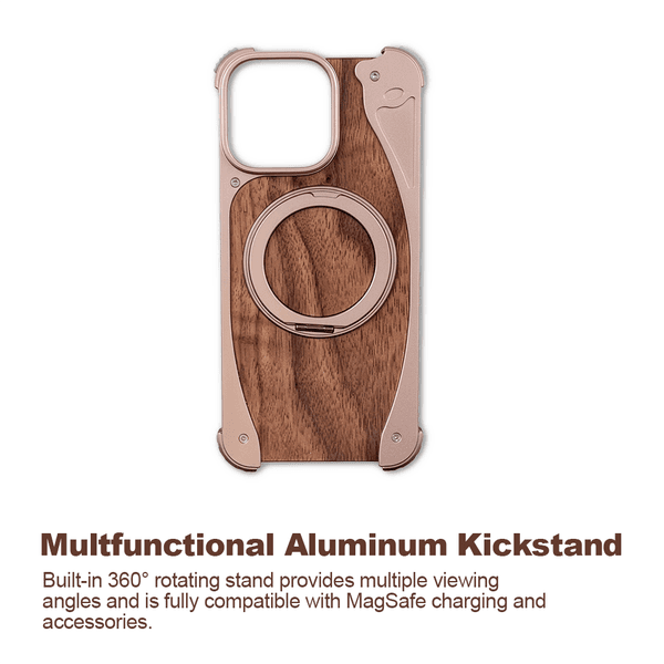 Designer Premium Half-Wrapped Walnut Wood MagSafe Case, Built-in Aluminum Stand, Signal-Friendly For iPhone 17/16/15 Pro & 15 Pro Max