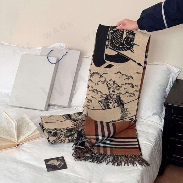 2026 New Art Sketch Letter Scarf for Women, Vintage Black & Beige Tassel Shawl, Warm Designer Inspired Pashmina