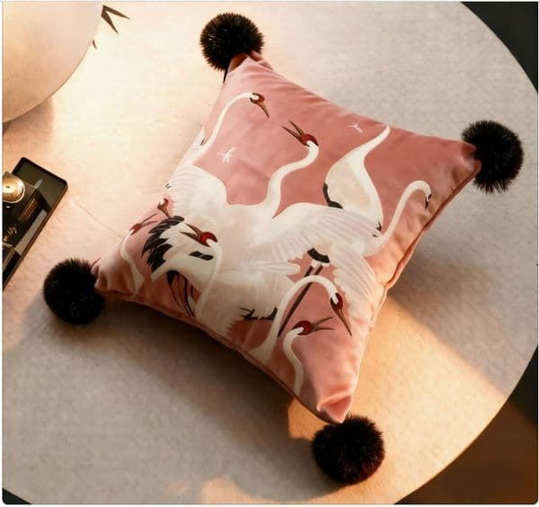 Luxury Crimson Crane in Rosy Clouds Cushion & Blanket Pillows Decorative Throw Pillow Vintage Fleece Pillowcase Cover Case Covers Wool Pillowcases Sofa Home