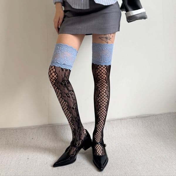 New Spice Girl Blue Lace Contrast Color Hollow Flower Jacquard Fishnet Stockings Thigh Socks Over Knee Stacking Socks Stacked
