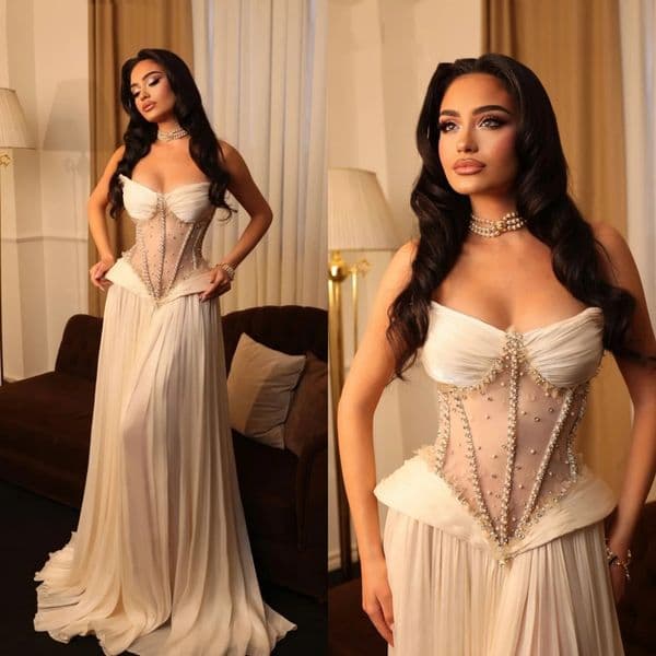 Simple Strapless Sleeveless Evening Dresses Sexy Pearls Beading A Line Prom Dress Customized Floor Length Party Gown