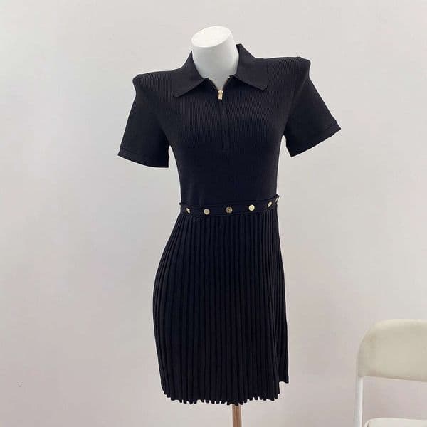 2026 B15 Spring French Designer Women's Elegant Slim Black Polo Collar Dress Short Skirt