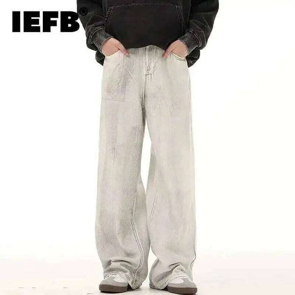 IEFB American Style Men's Denim Pants Dirty Dye Design Worn-out Washing Casual Jeans Straight Wide Leg Male Bottom Trend 9W721 S260330