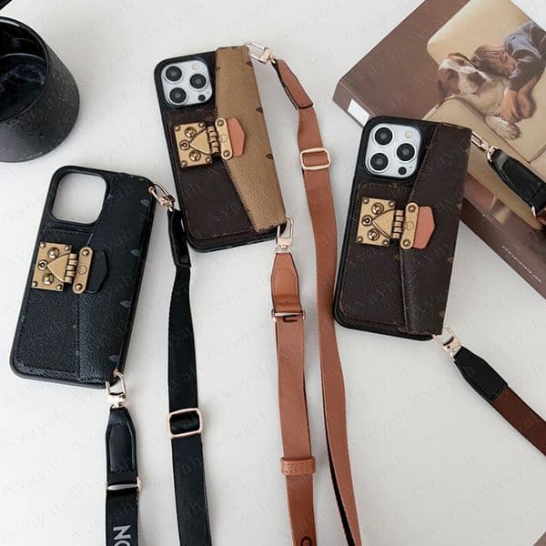 Luxury Shoulder Strap Phone Case for iPhone 17 Air 16 15 14 Plus 13 13pro 12 Pro Max 11 Leather Card Pocket Portable Cover Lock Designer Samsung S26 S25 S24 S23 S22 Ultra