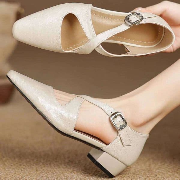 Women's sheepskin round toe narrow band cross strap slip-on sandals elegant ladies 3cm thick low heel summer slim dress pumps