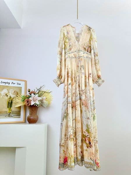 Luxury dress retro classic women's silk linen printed lace long sleeved MIDI dress elegant casual loose long skirt Australian designer