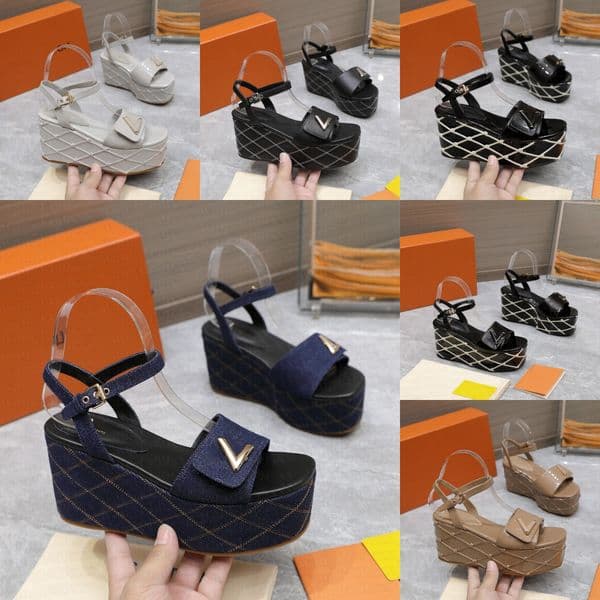 Luxury Women's Casual Platform Sandals designer Buckle Strap denim sandal woman Genuine Leather beach Gladiator shoe Women Beach T-tied Printing Leather Button shoe