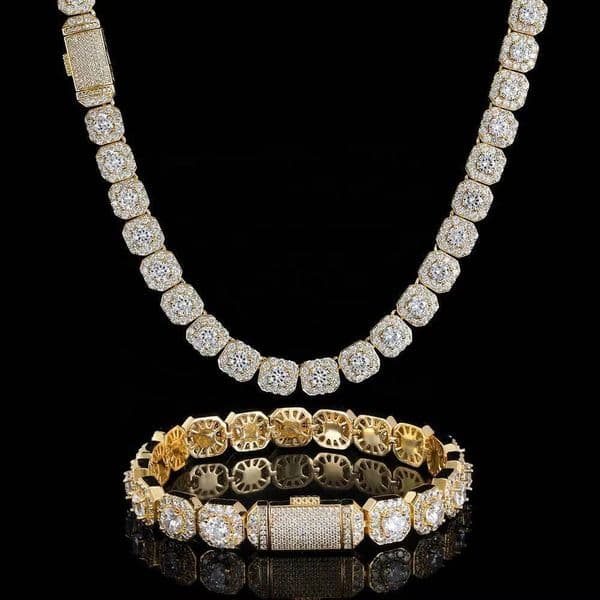Hip Hop Mens Luxury 13mm Gold Plated Rock Sugar Square Chain Iced Cubic Zirconia Tennis Choker Necklace Set Rhodium Brass