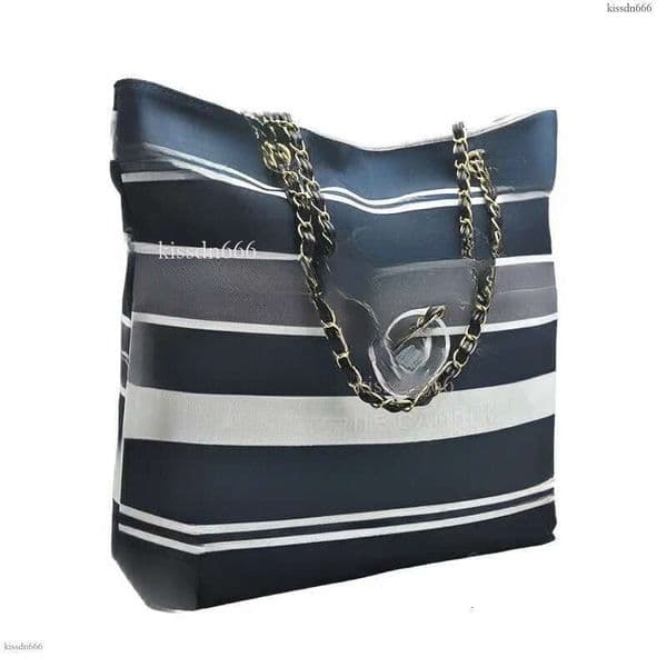 Designer shopping bag blue striped canvas bag classic letter casual chain backpack shoulder bag thickened portable reusable bag beach storage bag