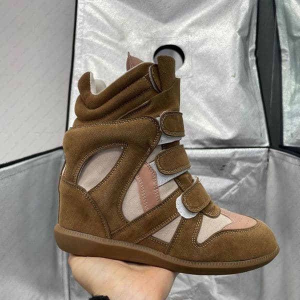 Designer Wedge Sneakers For Women Hidden Heel High Top Suede Velcro Casual Comfortable Versatile Parisian Style Beige Footwear With Box Size 36-45