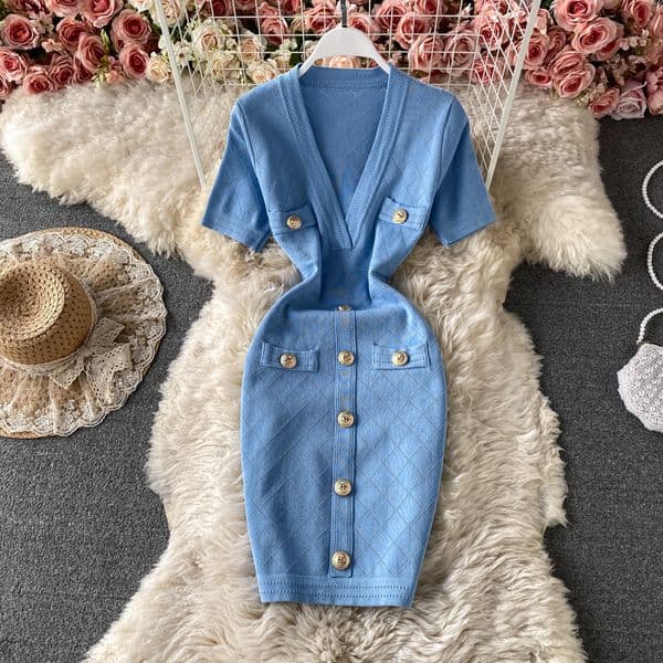 Dresses New Design Womens V-neck Sleeve High Waist Knitted Buttons Patched Pencil Short Dress