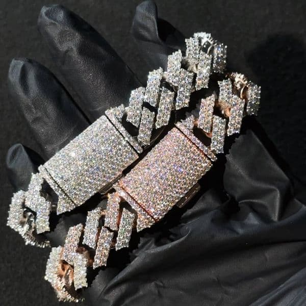 Instock Two Tone 15mm 2 Row Vvs Moissanite Bracelet Cuban Link Silver 925 Iced Out Hip Hop Bracelet