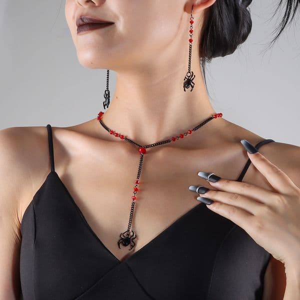 Comfortable Gift Earrings Comfortable New Halloween Necklace Trendy Personality Punk Style Spider Pendant Earrings Party Earrings Set NK25070