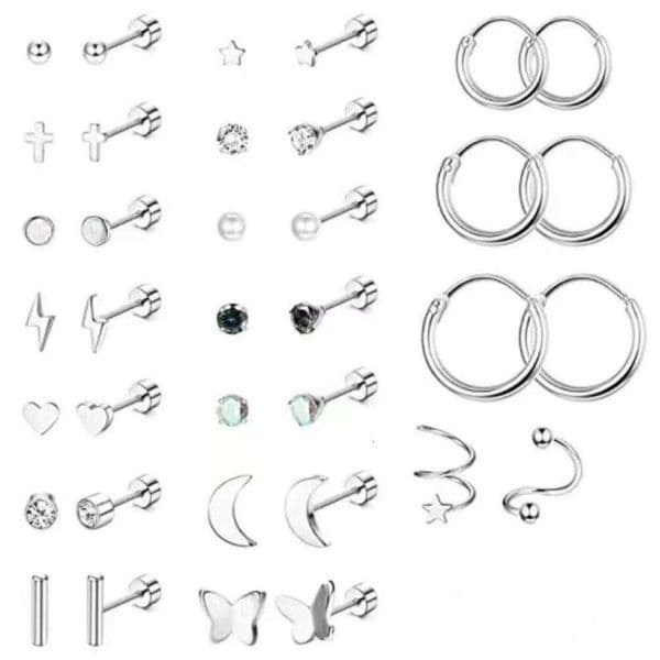 Stainless Steel 19-Piece Earring Set: Cross, Lightning, Moon, Heart, Butterfly Earrings - from
