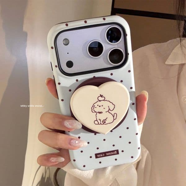 Designer phone case All-Round Protection Luxury Material Scratch Resistant Milky Blue Polka Dot Puppy Suitable Iphone Phone Case Magnetic Stand