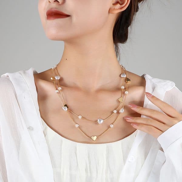 Comfortable Gift Earrings Comfortable Simple Layered Vintage Party Earrings Pearl Chain Alloy Heart Pendant Necklace NK24490