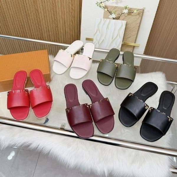 Vuittun Luxury Designer Shoes Women's Metal Decor Slide Sandals, Open Toe Slip-On Flat Slippers, Summer Casual Beach Shoes Girlfriend Daughter Gift Plus Size 35-42