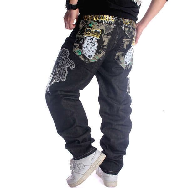 Designer 2026 European And American Style Men's Loose Luxury Straight Skateboard Pants With Embroidered Wings Street Dance Clothing Hip Hop Jeans Black Plus Size