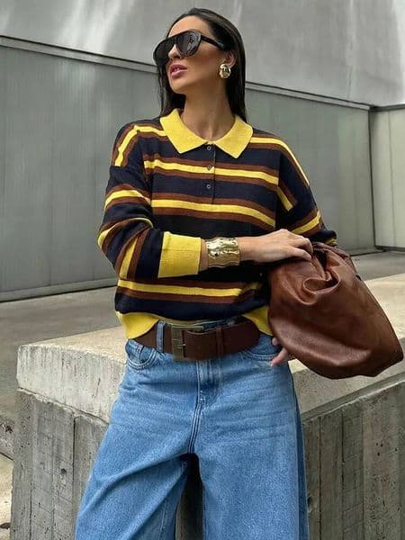 HH Women Trend Casual Striped Knitted Pullover Lapel Long Sleeve Sweater Shirt Spring Fashion High Street Lady Chic Tops dongdumaoyi