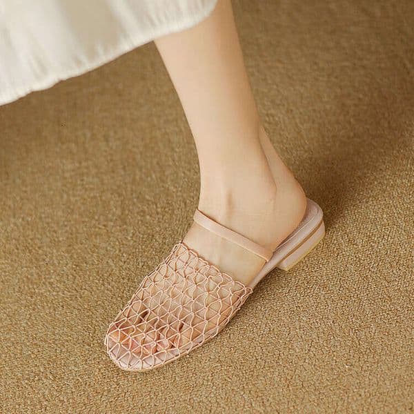 French-style round-toe hollow woven mule designer sandals slippers sandals for women, summer fishnet perforated low-heel slip-on mules