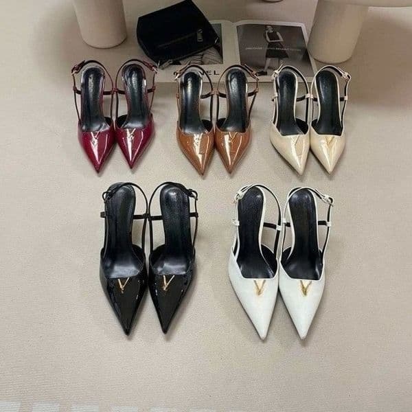 Y Luxury Designer Shoes Fashion Ladies Pointed Toe Slingback Pumps, Women's Ankle Strap Stiletto Party Shoes Metal Logo High Heels for Wedding Party 8cm Plus Size 34-42