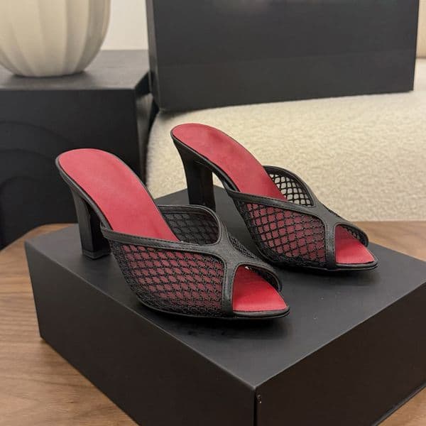 designer women mesh leather slip on sandals Fashion high heel slippers Open toes real leather mules embellished fishnet Squared toe Luxury Flat slippers 35-41