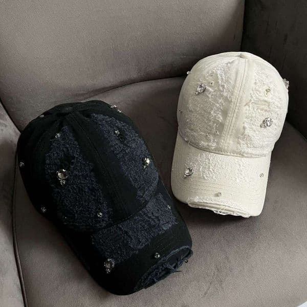 Korean celebrity style rhinestone personalized distressed baseball cap, fashionable street style, versatile, face-slimming, casual duckbill cap