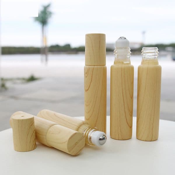 10ml Wood Grain Roller Bottle, Refillable Travel Essential Oil Bottle with Steel Ball, Cosmetic Light-Proof Container