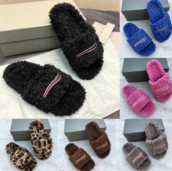Luxury Triangle Slides Designer Men Women Slippers Ladies Wool Winter Fur Fluffy Furry Warm Letters Sandals Comfortable Fuzzy Girl Paris Flip Flop 85M6#