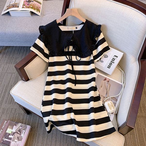 Bestseller Plus-Size Women's With A Doll Collar, Slimming Effect, Summer Dress Plus-Size Ladies, Age-Reducing, Mid-Length Striped Dress, Suitable For 200-300 Pounds| Ddmysat