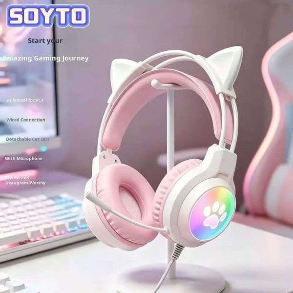 SOYTO Over Ear Wired Headset with Glowing Light Soft Skin-Friendly Earmuff Lightweight Comfort for Desktop Laptop Gaming