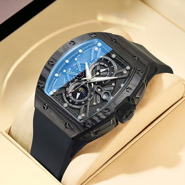 BONEST GATTI Watch Brand - Barrel-shaped Carbon Fiber Case - Multi-functional Waterproof Popular Night-Lighting Watch 9007