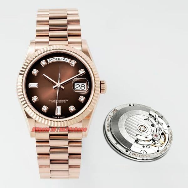 V3F Luxury Watches 36mm Day-Date ETA2836 Automatic Mens Womens Watch Brown Dial Rose Gold Bracelet Unisex Wristwatches 128-136g 128235-0037