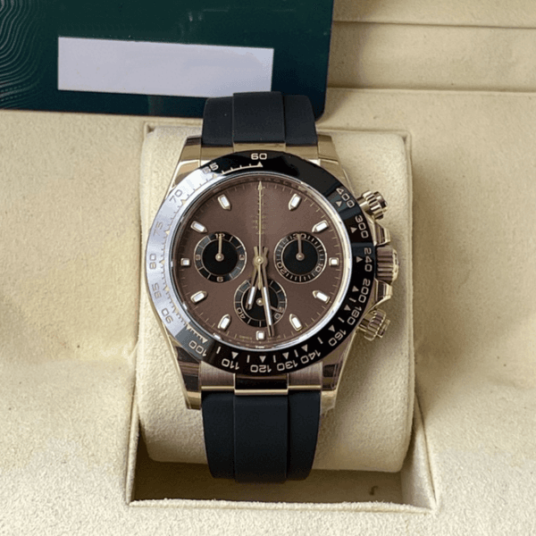 Classic 40mm Chronograph Automatic Watch for Men Rose Gold Plated Case Brown Dial Rubber Band Waterproof Sports Wristwatch