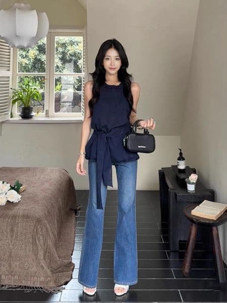 Bestseller Navy Blue High-End Ruffled Round-Neck Sleeveless Tank Top For Women, Summer Tie-Waist Blouse With A Stylish Design Ddmysat