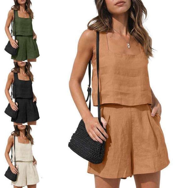 2026 New European American Women's 2-Piece Casual Set: Linen Shorts and Sleeveless Top Vest