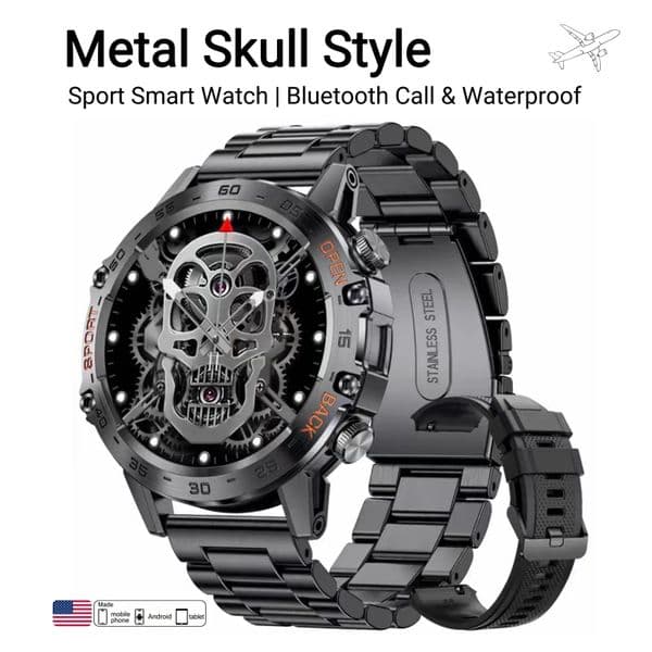 Smart Watch, Men's Sport Fitness Tracker, Bluetooth Call, Health Monitor, IP67 Waterproof, Multi Sport Modes, Metal Skull Design, Smartwatch for Android iOS
