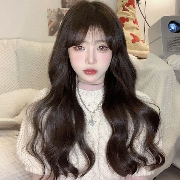Hit product Wig for Women, Big Waves, Long Curly Korean Style, Round Face, Water Wave, Air Bangs, Realistic Human Hair, Full Head