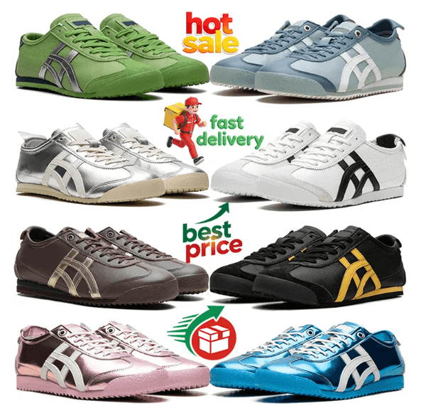 Designer unisex flat casual sneakers, outdoor running, Mexico 66 style, versatile for travel. Colors: black white, silver, yellow, pink.